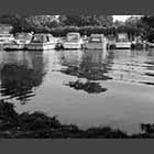 black and white photo of boats moored at St Neots marina