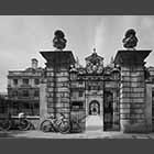 monochrome photo of Clare College front gate on Trinity Lane