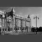 black and white photo of the University Arms Hotel from Parker's Piece